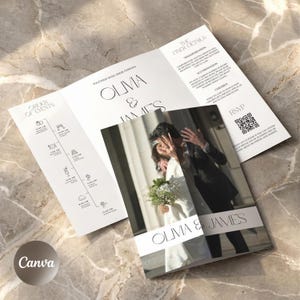 May include: A wedding invitation suite featuring a photo of a couple, with the names "Olivia & James" displayed prominently. The suite includes an order of events and finer details, all in a minimalist design.
