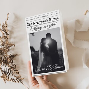 Folded Printable Wedding Newspaper Program Canva Template, Newlywed Times, Old Money Style Wedding Program including Wedding Table Games