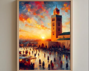 Islamska sztuka ścienna – Zachód słońca w Marrakeszu | Wydruk obrazu z marokańskim targiem | Dekoracja domu inspirowana podróżami | Plakat podróżniczy do Maroka