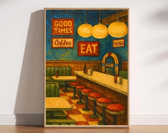 Puede incluir: Una impresión enmarcada de un interior de restaurante retro. La obra de arte presenta una barra con taburetes rojos, cabinas y mesas. Los letreros dicen "Good Times", "Coffee", "Eat" y "Menu". Tres luces de globo amarillas iluminan la escena. El suelo tiene un patrón de cuadros rojos y blancos.