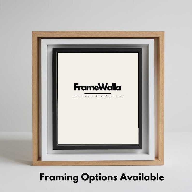 May include: A nested picture frame arrangement with a natural wood outer frame, a white middle frame, and a black inner frame. The center displays the "FrameWalla" logo and the text "Framing Options Available".