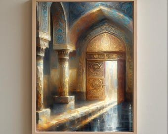 Islamic Wall Art Print | Golden Mosque Doorway Painting | Middle Eastern Architecture Decor | Spiritual Sacred Home Wall Decor