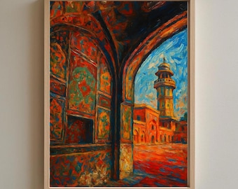 Islamski wydruk ścienny – Malowidło z minaretem w łuku islamskim – Dekoracja wnętrz w stylu Mogołów – Sztuka pakistańska – Plakat ścienny w Pakistanie