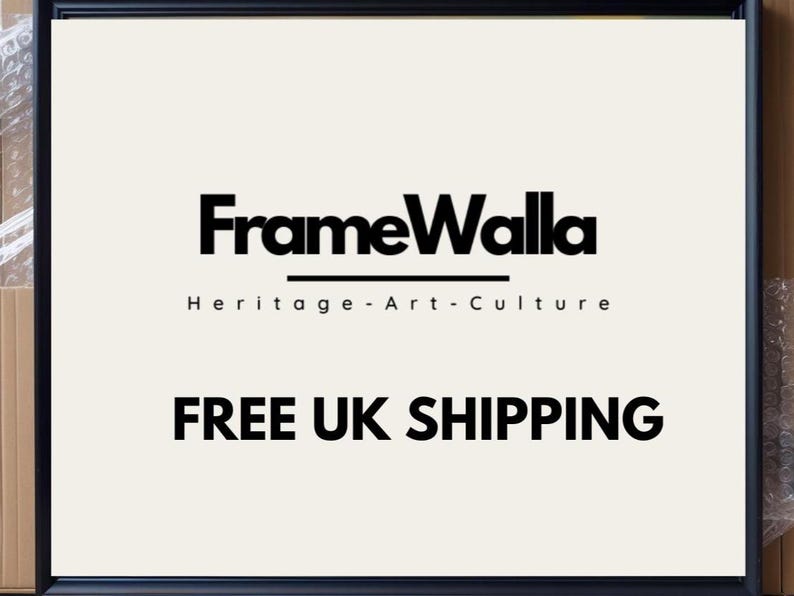 May include: Black framed print with the text "FrameWalla" above "Heritage - Art - Culture". The words "FREE UK SHIPPING" are displayed in bold, black font. The background is a light beige color.