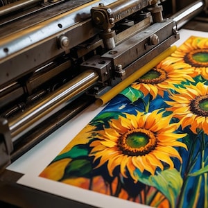 Op de afbeelding: Een drukpers in werking, die een levendige kunstdruk produceert. Het kunstwerk toont grote, gele zonnebloemen met groene bladeren tegen een blauwe achtergrond. De pers is metaalachtig, met rollen en mechanische componenten.