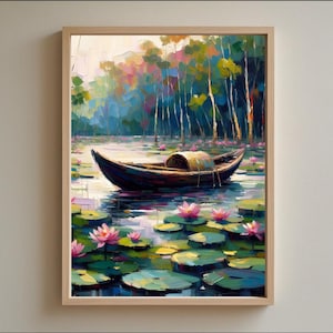 May include: A framed painting depicts a serene lake scene. A wooden boat with a covered section floats on the water, surrounded by lily pads and pink lotus flowers. The background features colorful trees and a vibrant sky, creating a peaceful landscape.