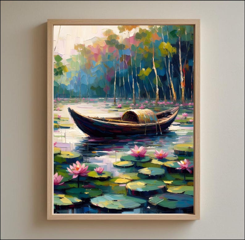 May include: A framed painting depicts a serene lake scene. A wooden boat with a covered section floats on the water, surrounded by lily pads and pink lotus flowers. The background features colorful trees and a vibrant sky, creating a peaceful landscape.
