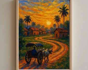 Traditional Pakistani Village Sunset Print – Bullock Cart Rural Scene Wall Art, South Asian Countryside Landscape Painting Decor