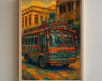 Pakistańska grafika z dżingielką ciężarówką – Żywy obraz z dekoracyjnym autobusem | Desi Urban Wall Decor | Plakat z południowoazjatycką sceną kulturową