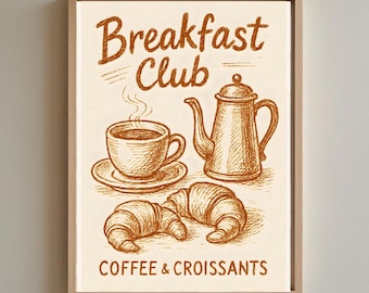Vintage koffie en croissants print – Breakfast Club muurkunst voor keuken, café decor, foodie cadeau, sepia illustratie, gezellige ochtendsfeer