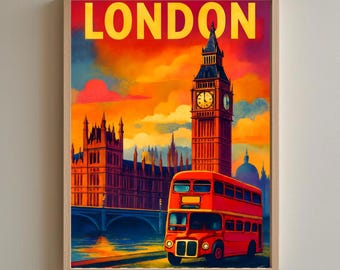 Lámina de arte mural de Londres: Big Ben, autobús rojo y puente del Támesis. Póster de un emblemático monumento británico. Decoración de viaje por el Reino Unido. Ilustración del horizonte de Londres.