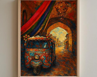 South Asian Rickshaw Alley Art Print – Colorful Auto, Drapes & Lanterns | Desi Urban Street Scene | Cultural Wall Decor Poster