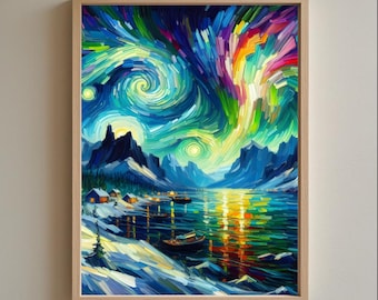 Northern Lights Art Print, Modern Impressionist Aurora Borealis, Winter Cabin Landscape