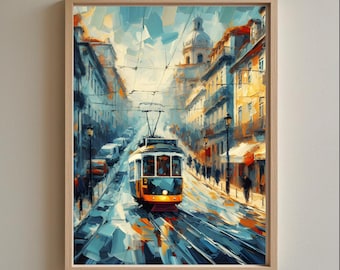 Stampa artistica del tram di Lisbona – Dipinto impressionista moderno di viaggio in Portogallo