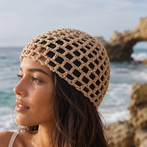 Modèle de bonnet en maille au crochet PDF | Bonnet en filet au crochet | Bonnet de plage bohème résille facile d'été, chapeau de plage adapté aux débutants