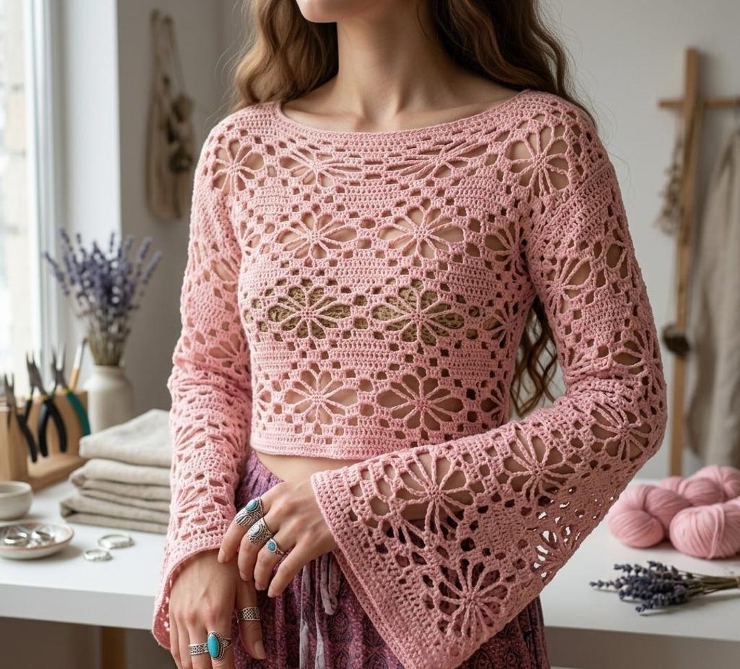 Boho Summer Crochet Lace Top Pattern PDF | Bell Sleeve Blouse (digital ...