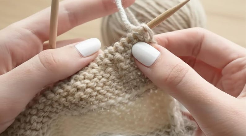 May include: Close-up of hands knitting with beige yarn and wooden needles. The knitted fabric shows a textured pattern with light and dark beige stripes. A ball of yarn is visible in the background, suggesting a crafting project.