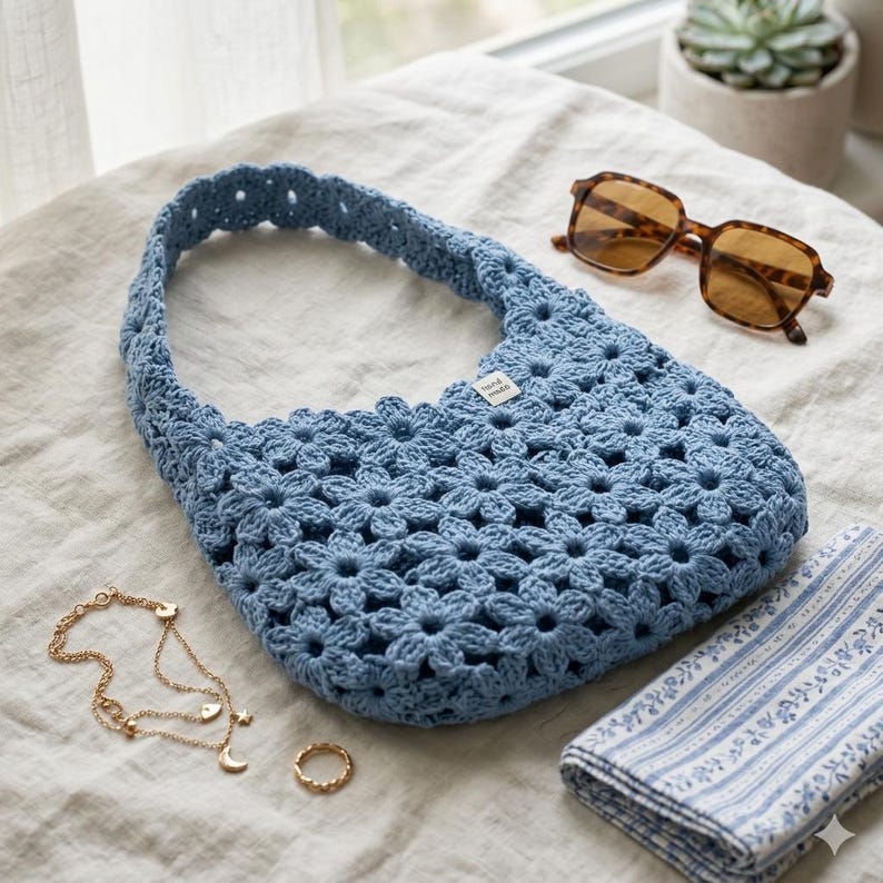 May include: A light blue crocheted handbag with a floral pattern. The bag has a single handle and a small tag that reads "hand made". Tortoiseshell sunglasses, a gold necklace, and a ring are also visible.