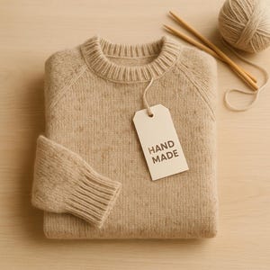 May include: A folded beige sweater with a tag that reads "HAND MADE". The sweater is made of a soft, textured material. Knitting needles and a ball of yarn are visible in the background, suggesting a handmade item.