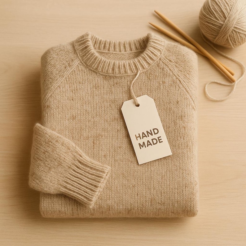 May include: A folded beige sweater with a tag that reads "HAND MADE". The sweater is made of a soft, textured material. Knitting needles and a ball of yarn are visible in the background, suggesting a handmade item.
