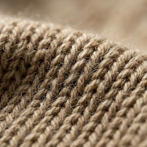 May include: Close-up of a knitted fabric in a warm, neutral beige color. The texture is coarse and clearly defined, with visible yarn strands creating a woven pattern. The image highlights the detailed construction of the textile.