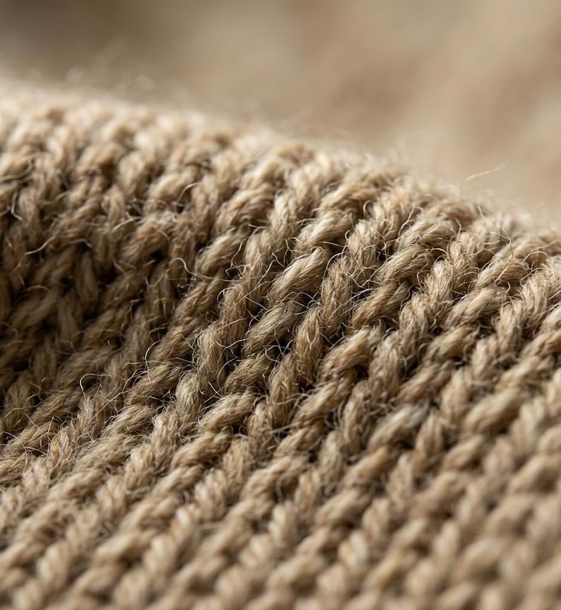 May include: Close-up of a knitted fabric in a warm, neutral beige color. The texture is coarse and clearly defined, with visible yarn strands creating a woven pattern. The image highlights the detailed construction of the textile.