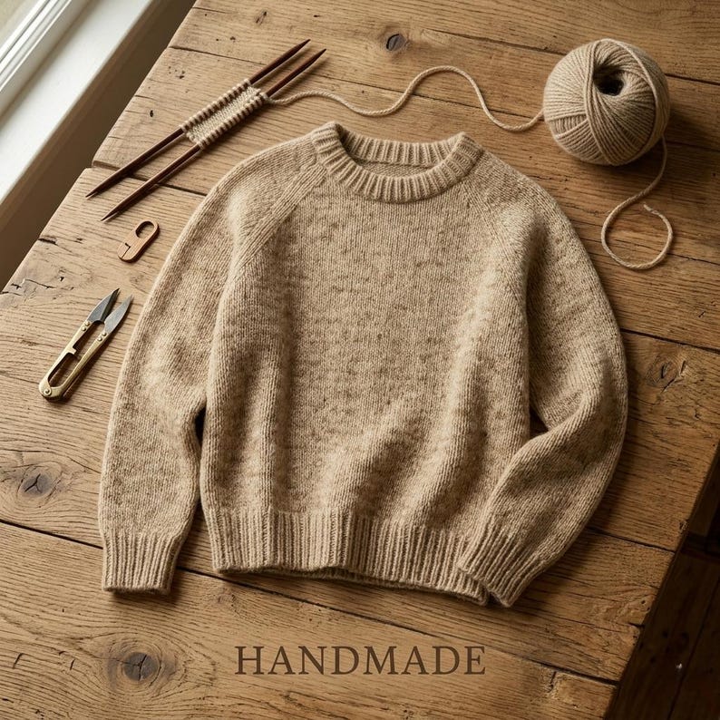 May include: A beige, crew-neck sweater with ribbed cuffs and hem, displayed on a wooden surface. Knitting needles, a yarn ball, scissors, and a stitch marker are arranged around the sweater. The word "HANDMADE" is printed at the bottom.