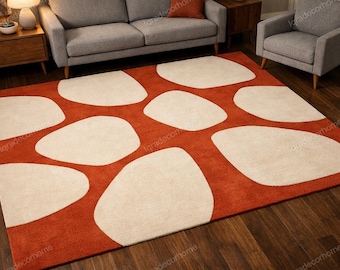 Alfombra abstracta moderna, color óxido y beige, hecha a mano, 100 % lana fina, para sala de estar, diseño contemporáneo de felpa, alfombra personalizada.