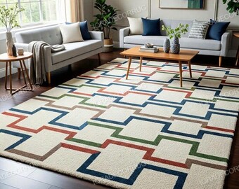 Handmade Wool Area Rug | Modern Geometric Design, Beige and Blue