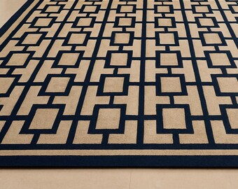 Handtuftad ullmatta, beigeblå geometrisk, modern minimalistisk golvdekor