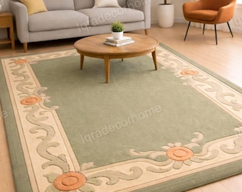 Green Bordered Area Rug with Floral Medallions, Classic Bedroom Living Room Carpet, Elegant Traditional Home Decor Rug |