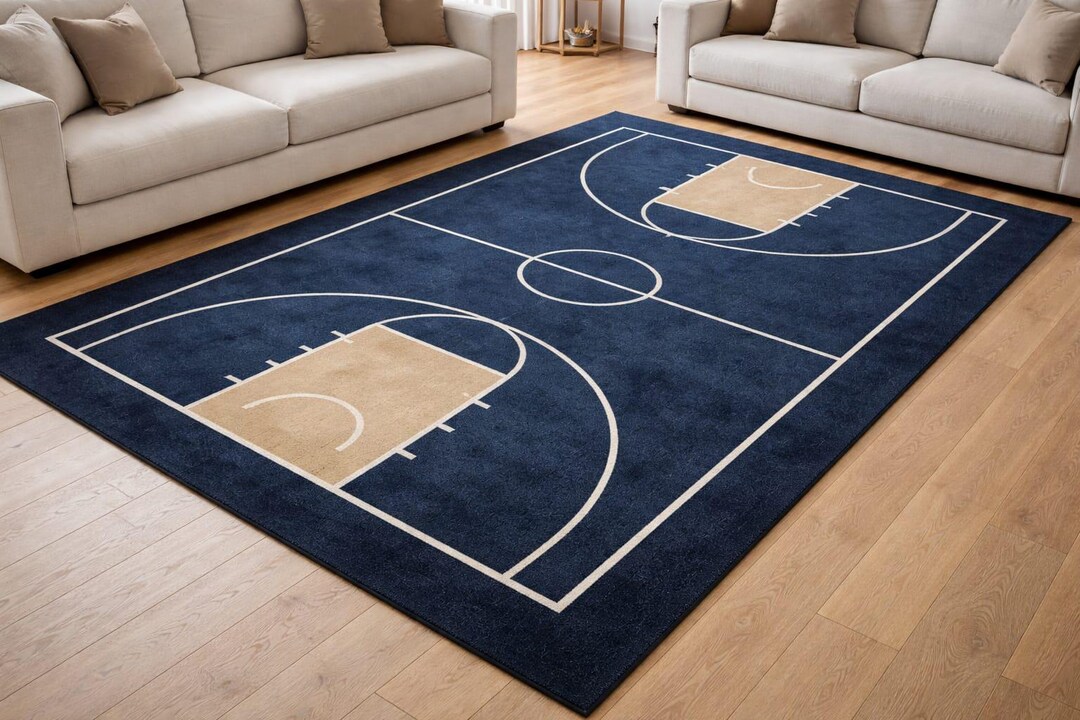 Modern Basketball Court Area Rug Blue Beige, Sports Geometric Living ...