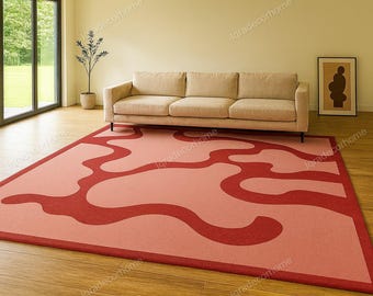 Modern Abstract Red Pink Wool Area Rug – Wavy Pattern, Hand-Tufted