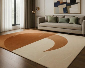 Modern Geometric Wool Rug, Beige Brown Abstract Carpet