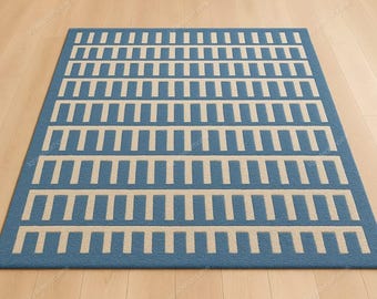Geometrischer Wollteppich in Blau | Gestreifter moderner Teppich