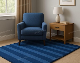 Handgetufteter Wollteppich | Moderner Blau Gestreifter Teppich