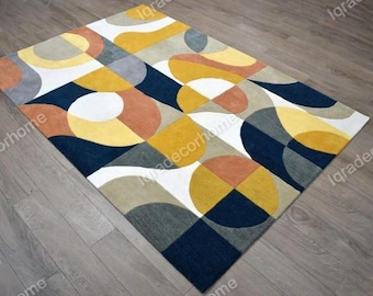 Modern Geometric Wool Area Rug | Abstract Colorful Carpet
