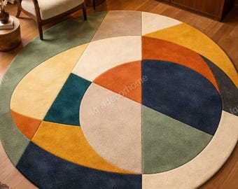 Tappeto rotondo moderno in lana con motivo geometrico astratto multicolore.