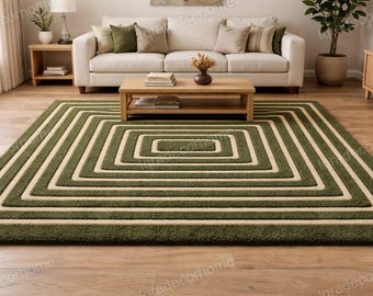 Green Geometric Area Rug with Beige Lines, Modern Minimal Rectangular Carpet for Living Room, Bedroom & Hall Decor , Custom Size Rug |