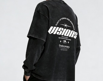 Camiseta de manga larga Visions, imitación de dos piezas lavada, 240 g de algodón, estilo retrofuturista, corte oversize.