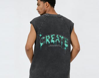 Camiseta sin mangas motivacional para gimnasio, camiseta de tirantes extragrande con efecto desgastado, 270 g de algodón, estampado de fitness "Imposible Is Nothing".