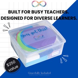 May include: A clear plastic box containing colorful circular cards and other items. The top card reads "You got this!" in blue script. Text on the image says "Built for busy teachers. Designed for diverse learners."