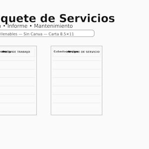 May include: A white graphic with the text "Paquete de Servicios" and other text in Spanish. Below are two rectangular forms with the text "CubadokoNIDE TRABAJO" and "CubadoqdesigME DE SERVICIO". The text "PDFs rellenables - Sin Canva - Carta 8.5x11" is also present.