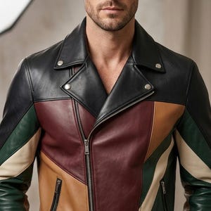 Può includere: Giacca in pelle multicolore con colletto e spalle neri, con pannelli bordeaux, beige, verde e crema. La giacca ha una chiusura con cerniera e due tasche anteriori. Il modello indossa la giacca.