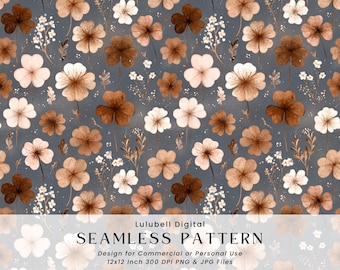 Puede incluir: Un patrón floral sin costuras con flores de acuarela en tonos marrón, blanco y beige sobre un fondo gris azulado apagado. El diseño incluye el texto "Lulubell Digital SEAMLESS PATTERN".