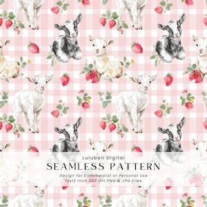 Seamless pattern featuring white and black baby goats with red strawberries on a soft pink gingham background, in a charming cottagecore farmhouse style.