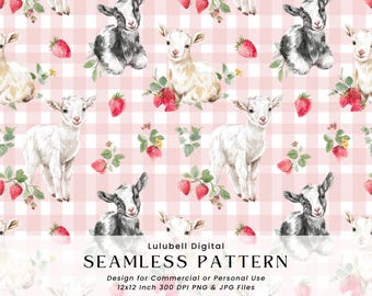 Baby Goats Seamless Pattern: Strawberry Farm Digital Paper, Commercial Use Okay Surface Design Pattern