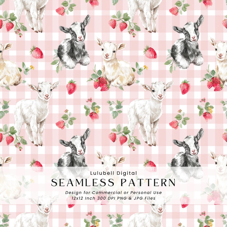 Seamless pattern featuring white and black baby goats with red strawberries on a soft pink gingham background, in a charming cottagecore farmhouse style.