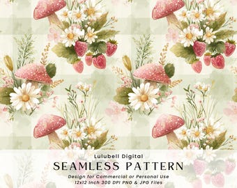 Mushroom Strawberry Seamless Pattern: Cottagecore Checkered Digital Paper, Commercial Use Okay Surface Design Pattern