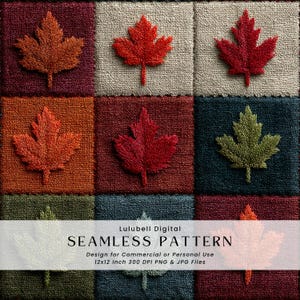 Può includere: Motivo senza cuciture con foglie d'acero ricamate nei toni del rosso, arancione e verde su uno sfondo patchwork. Il design include il testo "SEAMLESS PATTERN" ed è di 30,48 x 30,48 cm.